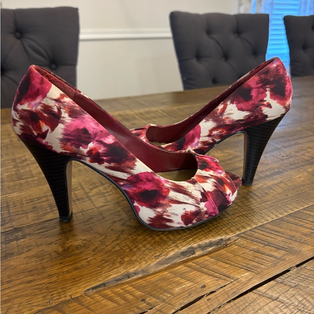 Madden Girl Red and Pink Floral Peep-Toe Heels